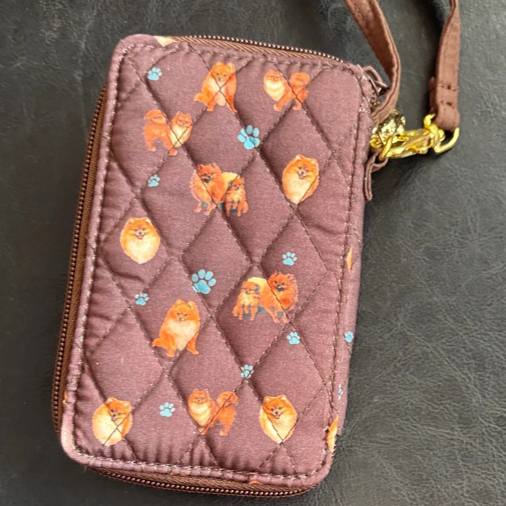 Brown Quilted Phone Pouch /wallet with Dog Print and Pomeranian dog charm